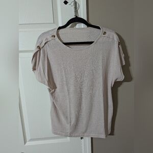 Women's Large Beige Short Sleeve Top with Button Detail On Shoulder